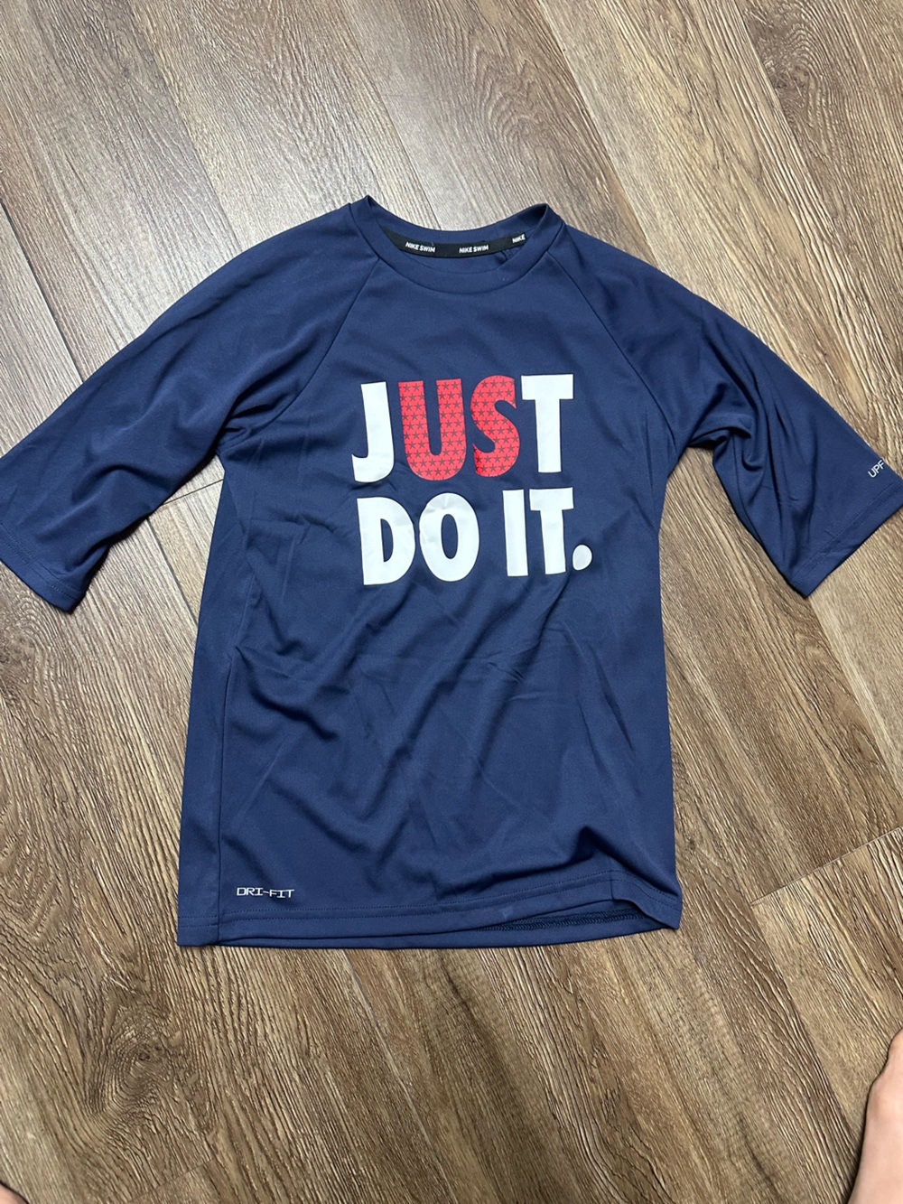 Nike Swim Youth Medium Navy, Red, & White Dri-Fit UPF 40+ Swim Rashguard